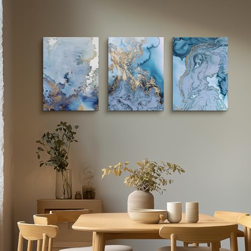 Tableau de décoration murale salon moderne triptyque abstrait bleu et blanc