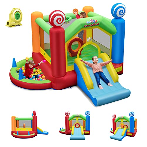 GOPLUS Château Gonflable avec Souffleur 680W pour 2 Enfants Jusqu’à 90KG de 3-10 Ans,Zone de Saut,Toboggan, Mur d'escalade,Panier de Basket (Bonbon, avec Souffleur 680W)