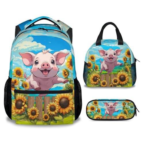 Backpack Set, 3 in 1 Pig School Backpacks Matching Combo with Lunch Box, Cute Pink Girls Bookbag and Pencil Pouch