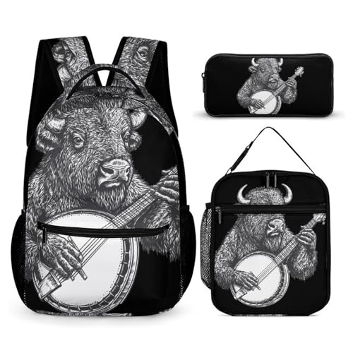 Banjo Bison Backpack Shoulder Bags Lunch Bag Pencil Case Box 3 Set Daypack Cute