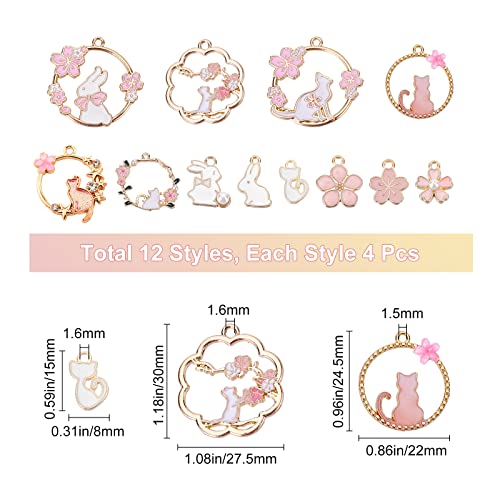 SUNNYCLUE 1 Box 48Pcs 12 Styles Pink Flower Charms Enamel Cat Rabbit Animal Floral Hollow Flat Round Alloy Pendants Bulk Gold Plated for Jewelry Making Charms DIY Bracelets Earrings Findings - Image 2