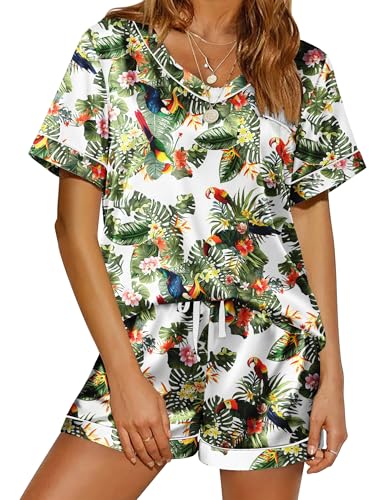 Image of Ekouaer Silk Pajamas for Women Satin Pajama Set 2 Piece Short Sleeve Pjs Sets Soft Summer Sleepwear with Pockets, Green leaves, S