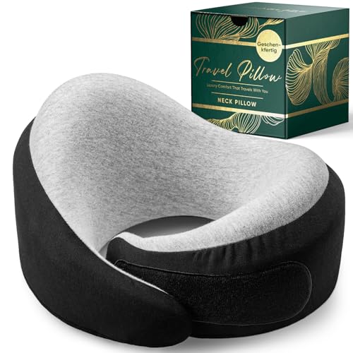 Proglobe Luxe Reisekissen aus Memory-Schaum in Anthrazit - Kompaktes Nackenkissen für Lange Flüge mit weicher Kinnstütze, Kompressionsbeutel und leichtem Komfort