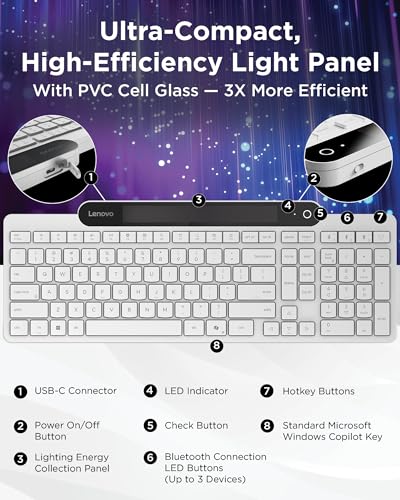 Image of Lenovo 800 Self-Charging Bluetooth Keyboard, Uses Ambient Light for Charging, Bluetooth 5.1, Supports 3 Devices, Battery Free, Wireless, White
