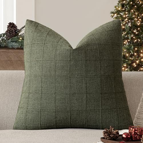 Image of Foindtower Set of 1 Decorative Linen Check Throw Pillow Cover Neutral Farmhouse Vintage Cushion Cover Modern Boho Home Decor for Sofa Chair Couch Bedroom Living Room,26x26 Inch,Olive Green
