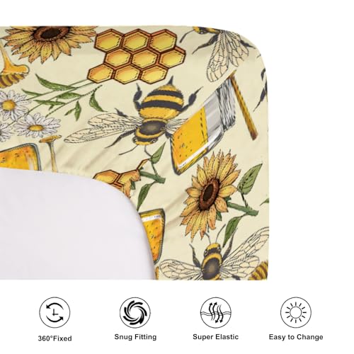 Image of Retro Honey Bees Sunflowers Baby Crib Sheets - 52 inchx28 inch Vintage Bees Daisy Floral Soft Breathable Mattress Cover - Fits Standard Crib and Toddler Mattress