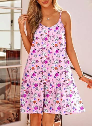 Image of Dokotoo Summer Dresses for Women 2026 Spaghetti Strap Sexy Deep V Neck Smocked Ruffle Flowy Boho Dresses
