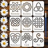 FINGERINSPIRE 9 plantillas de símbolos celtas de 15 x 20 cm con un pincel, patrón de nudo celta, plantillas de palabras de definición, plantillas reutilizables para dibujo de triquetra, para pintura