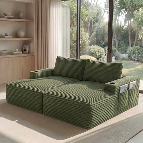 Image of Oversized Cloud Boneless Couch with Chaise, Modern Modular Sofa with Deep Seat, Corduroy Upholstered U Shaped Couch for Living Room, No Assembly Required (Olive Green)