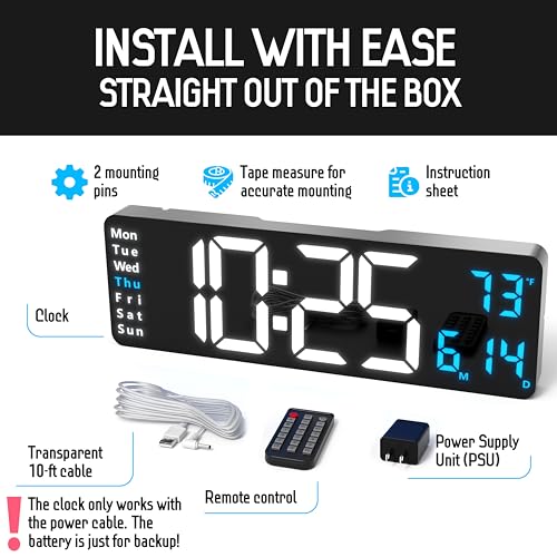 Image of Opis Clock 1 (XXL 16'' White & Blue): The Colorful Retro Rectangular Digital Wall Clock, Digital Clock Wall, Digital Clock with Temperature, Timer and Counter
