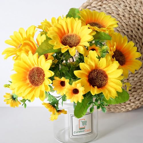 Image of CURATED CART Artificial Sunflowers, 30cm Stem, Set of 2 Yellow Silk Flowers for Home, Wedding and Party Decoration, Indoor Outdoor Floral Arrangement and Decor (No Vase)