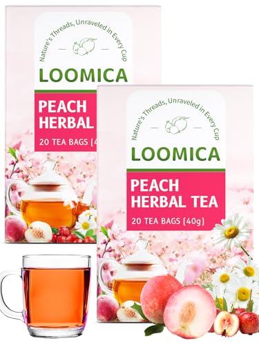 Image of LOOMICA Peach Herbal Tea, Caffeine-Free, Peach Tea Bags with Rosehip, Hibiscus, Chamomile & Orange Peel, Naturally Balanced Sweet & Tangy, Refreshing Fruity Herbal Blend, No Artificial Sugar, 20 Counts (Pack of 2)