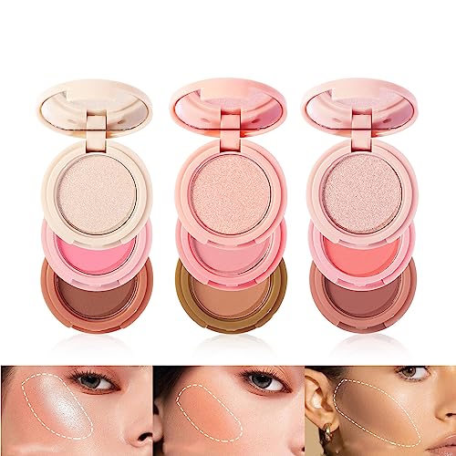 Paleta de Colorete 3 en 1 - Polvo de Rubor Facial Con Brillo Brillante, Polvos Compactos de Maquillaje, Iluminador de 3 Colores - Kit de Colorete e Iluminador, 3 Piezas