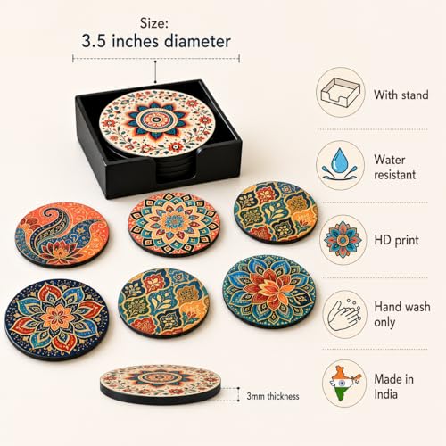Image of Zesta Coasters for Cups Set of 6 / Wooden Coasters for Bar Accessories for Home /Tea Coaster Set of 6 / Waterproof Dining Table Decor Glass Cover (Mandala, Circle)
