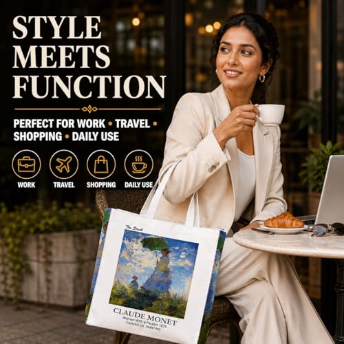 Image of Artsy Canvas Tote Bag for Women | Zipper Closure, Bottle Holder & Keychain Hook | Premium Cotton Canvas Bag for Travel, College, Office | Reusable Shopping Tote Bag Gift