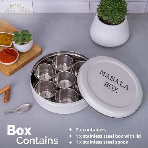 Image of Metallure Home Modern Stainless Steel Masala Box | Masala Dabba with 7 Containers and Spoon | Kitchen Spice Storage Container | Masala Dani (Spoon Included) | Handcrafted Aesthetic Design (Light Grey)