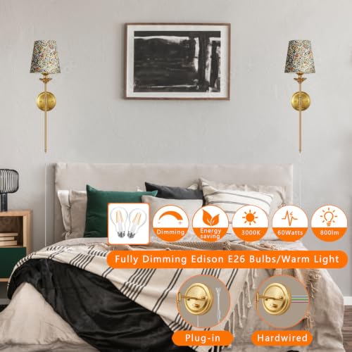 Image of Dimmable Plug in Wall Sconces Set of 2, Gold Bedside Wall Lamp with Knob Dimmer Switch and Flower Shade, 6.5FT Electric Cord Mid Century Modern Bathroom Wall Light Fixture for Bedroom Living Room