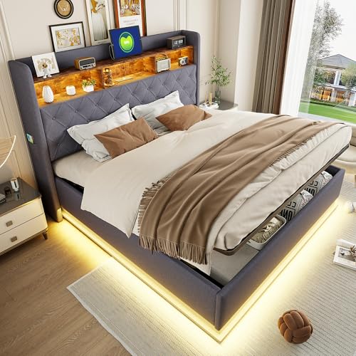 Crlnaup Cama tapizada LED de 180 x 200 cm, con espacio de almacenamiento acolchado, con puerto de carga USB y espacio de almacenamiento hidráulico, tela de lino agradable a la piel, color gris