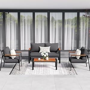 Amopatio 4 Pieces Patio Furniture Set, Metal Modern Outdoor Patio Furniture with Wood Armrest and Thickened Cushions Comfy Patio Sofa for Balcony, Deck and Poolside(Dark Grey)