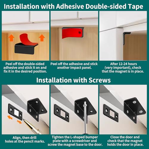 Nadinsta 10 Stück Magnetschnäpper, Türmagnet, Magnete für Schranktüren L-Shape mit Schraubendreher Stark Selbstklebend für Schubladen, Kleiderschrank, Schranktür, Schiebetür (Schwarz)