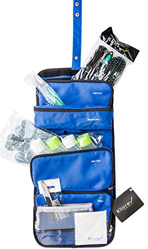 Klinrev Travel Toiletry Bag with Hairbrush, 2 Toothbrushes, Exfoliating Bath Sponge, Shower Cap, Blue