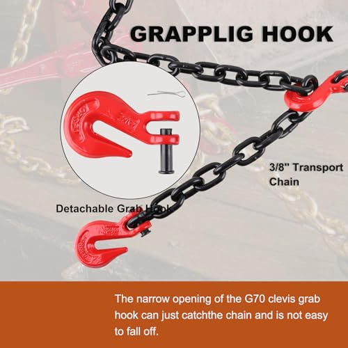 Image of 3 /8 Inch x 20FT Safety /Binder Chain G80 Transport Binder Chain with Clevis Grab Hooks 7,100 lbs Safe Working Load Logging Chain for Transporting Towing Tie Down Binding Equipment