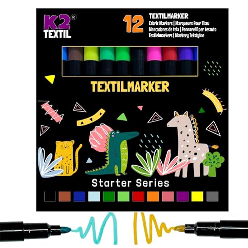 K2 TEXTIL 12 | 24 rotuladores textiles lavables a máquina, marcadores textiles para pintar, colores textiles para textiles y zapatos, marcadores de tela, adecuados para niños (12)