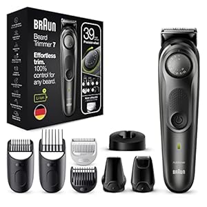Braun Barttrimmer 7, Trimmer/Haarschneider Herren, Haarschneidemaschine, für Gesichts- und Kopfhaare, lebenslang scharfe Klingen, 39 Längeneinstellungen, Geschenk Mann, BT7350, schwarz/grau-metallic