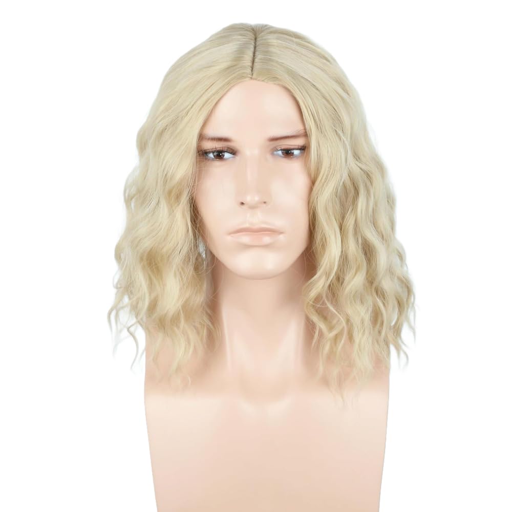 LeMarnia Light Gold Short Curly Wig for Men Halloween Costume Party Wigs(24#)