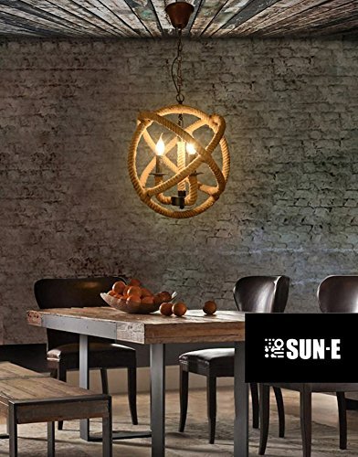 SUN-E Vintage Style 3-Lights Hemp Rope Ball Chandelier Retro Country Style Hanging Island Pendant Light Fixture(35cm) - Image 4