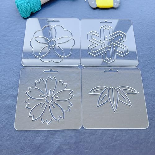 Clear Acrylic Sashiko Stencil, Traditional Flower Pattern, 12 x 12 cm, for Hand Quilting and Embroidery (Set of 4)