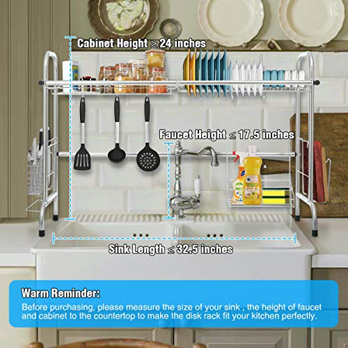 Over The Sink Dish Drying Rack, KINGSO 2 Tier Dish Drainer Stainless Steel Kitchen Sink Drying Rack w/Utensil Holder 8 Hooks for Kitchen Counter Organization Storage Space Saver (Sink Size≤32.5 inch)