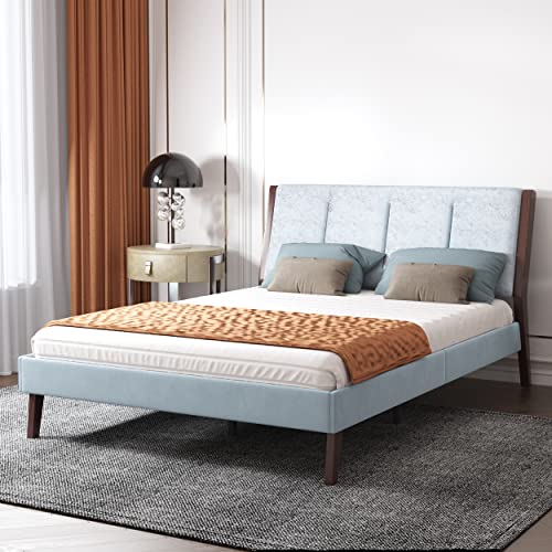 Agartt Modern Upholstered Platform Ful Size Bed Frame With Unique Headboard Easy Assembly Sky Blue Velvet #TOP26