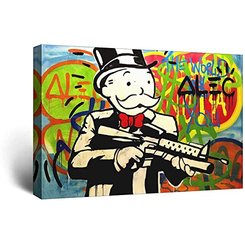 HHGaoArt Alec Monopolys Graffiti Rich Money Dollar Canvas Prints Picture Modular Paintings Poster Home Decor Frameless (16x24 inch,Gun)