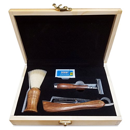 Common Wealth Men's Classic Vintage Shaving Kit Wood Gift Set Safety Razor Straight Edge Razor Shave Brush Barber Box