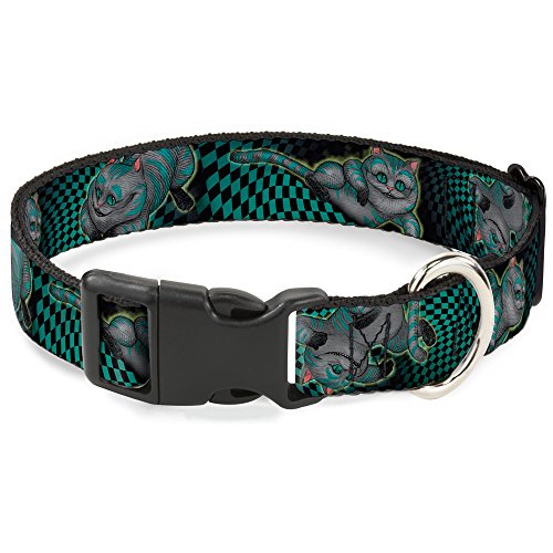 Image of Buckle-Down Cat Collar Breakaway Cheshire Cat 4 Poses Checkers Teal Black 6 to 9 Inches 0.5 Inch Wide