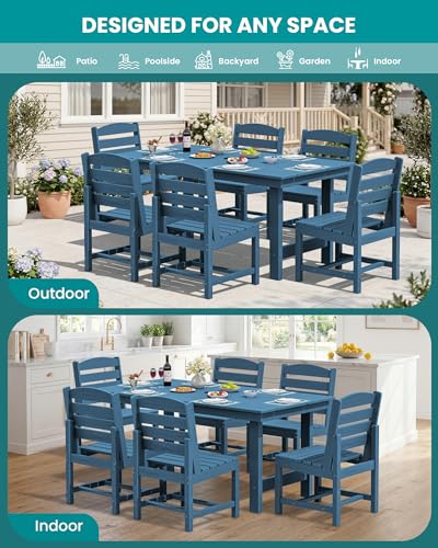 Image of SERWALL HDPE Outdoor Dining Set for 10 with 2 Tables & 10 Chairs, Blue | 12-Piece HDPE Outdoor Dining Set for 10, All-Weather Resistant Dining Furniture