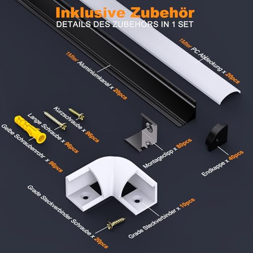 20Pcs LED Aluminium Profil Schwarz V Form , 6 Pack Kanal Schwarz Profil Eckprofil mit Milchiger Weißer Abdeckung, Endkappen, Montage Clips und 45 Grad Eckverbindern für LED Streifen Schiene Diffusor