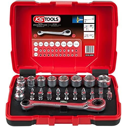 KS Tools 918.3050 - Coffret de douilles traversantes de 5 à 14mm et embouts de vissage 1/4' - Tête de cliquet inclinée à 15° - En Chrome Vanadium - Finition chromée satinée - 32 pièces - Clair