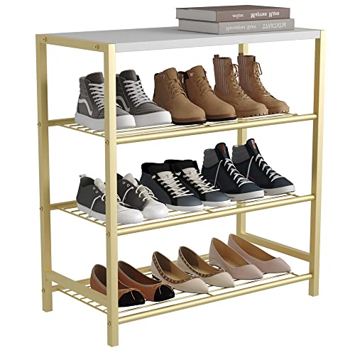 Image of HOMEFORT 4-Tier Shoe Rack, Shoe Storage Shelf, Industrial Shoe Tower, Narrow Shoe Organizer for Closet Entryway, Small Shoe Rack Table with Durable Metal Shelves, Gold