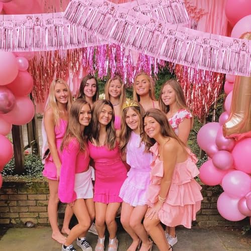 Image of BEISHIDA 3 Packs Metallic Foil Fringe Garland Pink Wall Hanging Tinsel Fringe Banners for Car Floats Birthday Baby Bridal Shower Wedding Graduation Holiday Party Decoration(30 Feet)