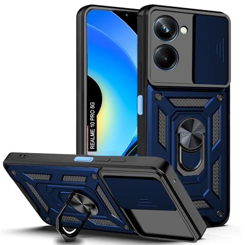 Image of AESTMO Tough Armor Realme 10 Pro 5G Bumper Back Case Cover | Ring Holder & Sliding Camera Shield Cover | 360 Degree Protection Back Case Cover for Realme 10 Pro 5G (Blue)