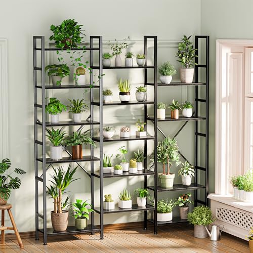 Image of SUPERJARE Triple Bookshelf, Bookcase with 17 Open Display Shelves, Wide Book Shelf Book Case for Home & Office, 6 Tier, Black, ABC003B