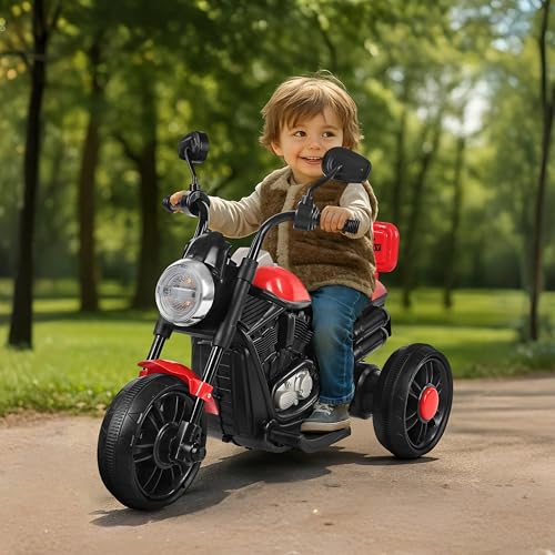 Image of BabyGo Electric Bike for Kids | 6V 4AH Battery, Dual Suspension with LED Lights & Comfy Backrest | 3 Wheel Bike | Battery Bike for Kids for 1-5 Years Kid | 4.5Hr-6Hr Ride | (Red)