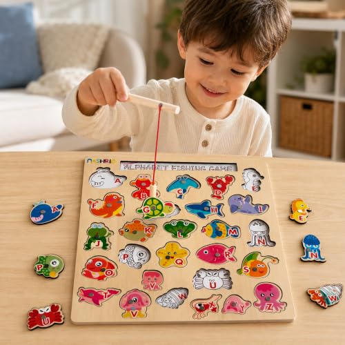 Image of NASHRIO Magnetic Wooden Alphabet Fishing Game for Kids Ages 3-5, ABC Letter Puzzle Board with 26 Sea Animal Pieces, Preschool Learning Fine Motor Toy for Boys Girls 3 4 5