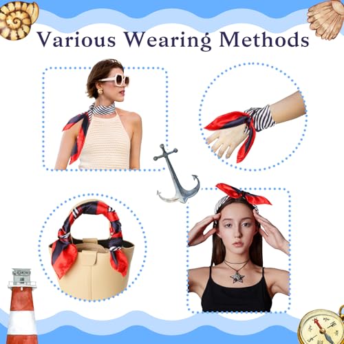 Moiuguli 2 Nautische Quadratische Halstücher, Rot Weiß Blau Matrosenschals, Matrosen Kostüm Damen Halstuch Stirnbänder Haarschal für Navy Dress Up Party Zubehör