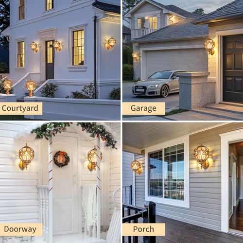 Gold Outdoor Wall Light Fixtures, Globe Exterior Aluminum Waterproof Porch Lights, Sphere Anti-Rust Outside Lantern Wall Mount with Amber Glass for Patio Backyard Garage Doorway Front Door
