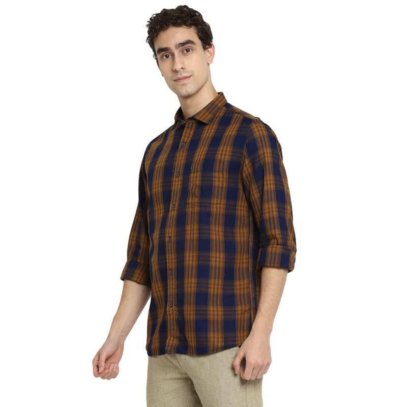 Image of Turtle Men Khaki Cotton Checked Slim Fit Shirts