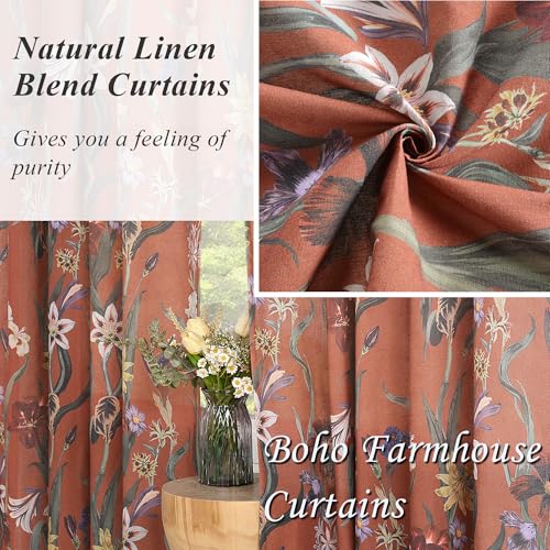 Image of Schweek Boho Curtains 84 Inches Length 2 Panels for Living Room Terracotta | Linen Farmhouse Curtains,Printed Floral Vintage Botanical Burnt Orange Semi Sheer Drapes for Dining Room, Bedroom 52 inchx84 inch