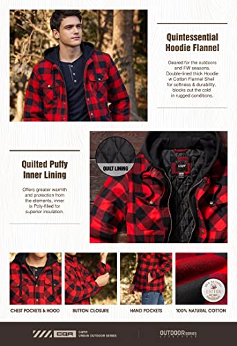 Cqr Men's Quilted Lined Flannel Hooded Shirt Jacket, Soft Long Sleeve Outdoor Plaid Shirt Jackets, Quilted Lined Full Zip Classic Red, Large #TOP3